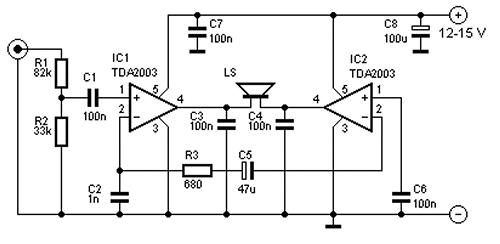 Tda2003 схема включения. Усилитель на тда 2030 Мостовая схема. Tda2030 Мостовая схема включения. Схема усилителя на микросхеме tda2003 с двухполярным питанием. Тда 2030 схема мостового включения.