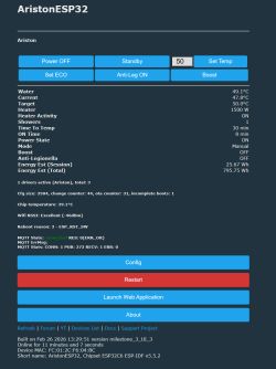 Screenshot of AristonESP32 dashboard with control buttons and water temperature status
