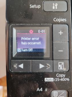 Wyświetlacz drukarki Epson Stylus SX425W z komunikatem błędu E-01