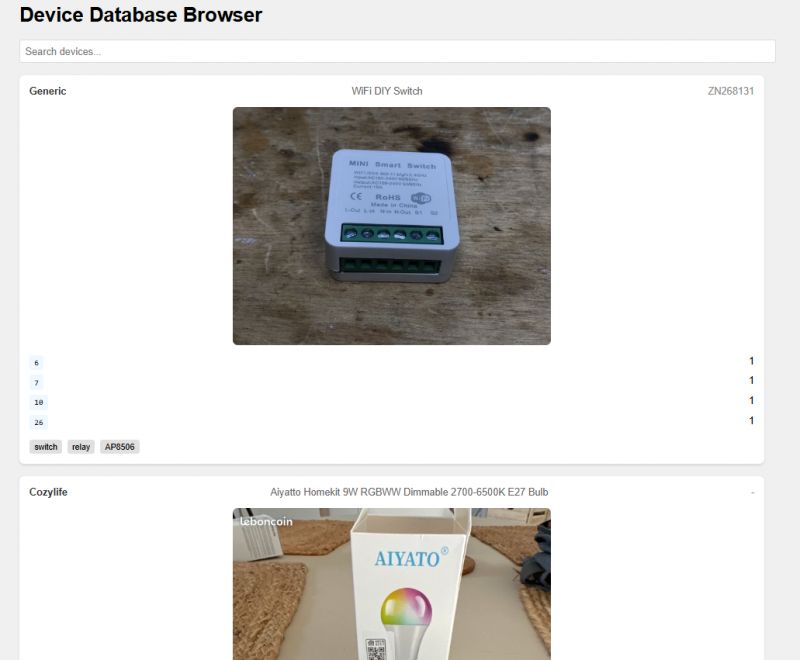 Device Database Browser with Images Device database browser interface with images of WiFi DIY Switch and Aiyatto bulb