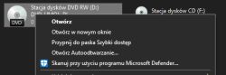 Menu kontekstowe dla napędu DVD w systemie Windows 10.