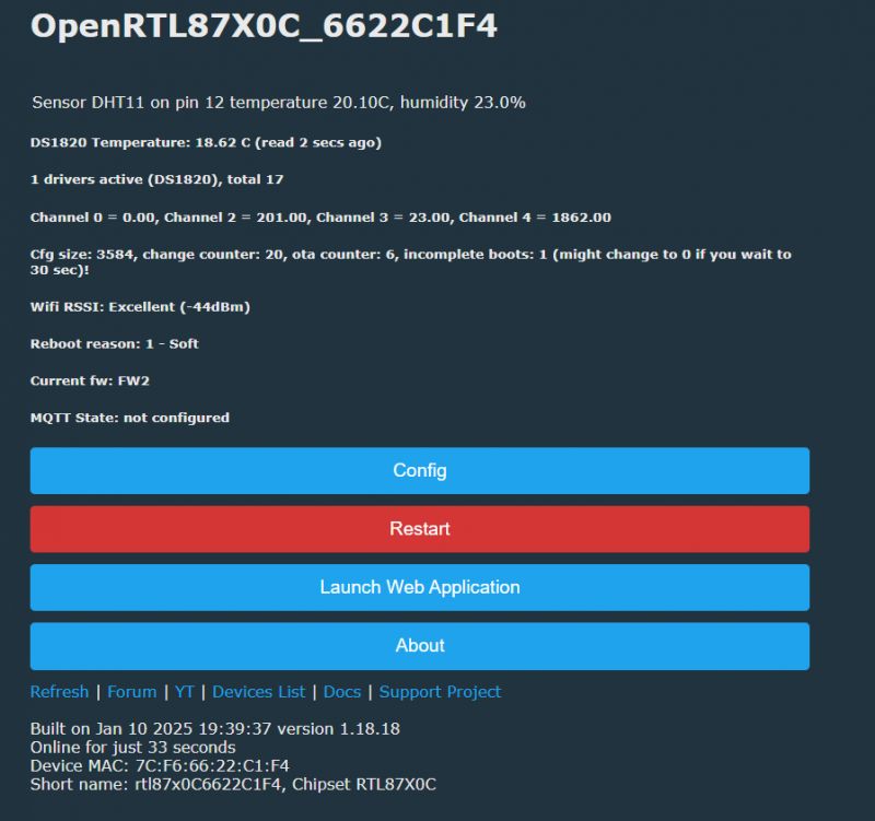 Screenshot of the OpenRTL87X0C interface with configuration information and button options.