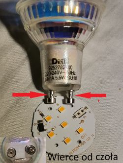 Inside view of GU10 LED bulb and drilling method Disassembled GU10 LED bulb showing PCB and drilling points on power pins