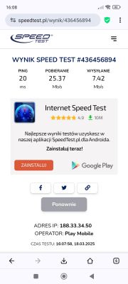 Zrzut ekranu z wynikami testu prędkości Internetu na stronie SpeedTest.