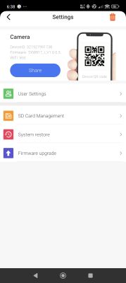 Camera settings screen with QR code sharing and system management options visible.