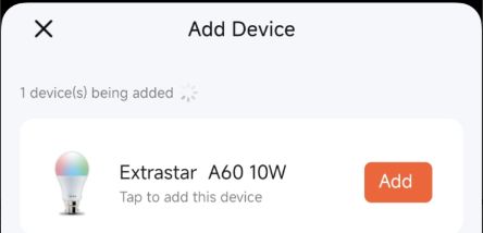 Tuya app screen showing addition of Extrastar A60 10W smart bulb.