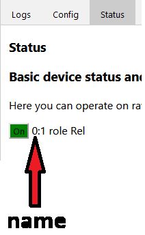 Screenshot of a device management application's status section, highlighting a relay entity named 0.