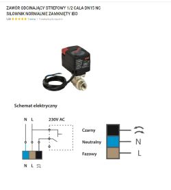 Elektrozawór IBO z przewodem i schematem podłączenia 230V AC