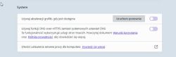 Zrzut ekranu pokazujący ustawienia systemowe przeglądarki, z wyłączoną akceleracją grafiki i DNS-over-HTTPS.