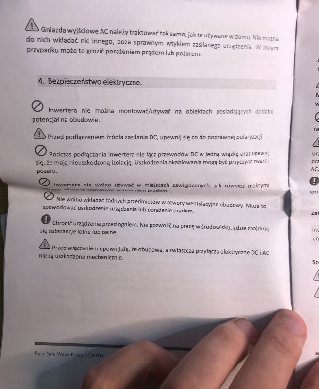 Instrukcja bezpieczeństwa inwertera samochodowego.