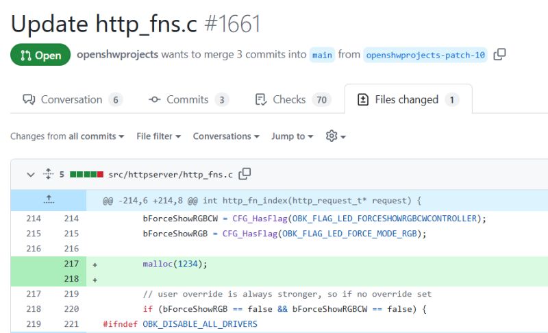 Zrzut ekranu z platformy GitHub pokazujący różnicę w pliku http_fns.c, gdzie do funkcji http_fn_index dodano linię malloc(1234); w ramach Pull Requesta #1661.