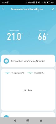 App Screen with Temperature and Humidity Data App screen showing temperature 21.0°C and humidity 66%.