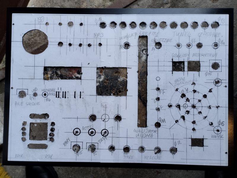 Voyager 3 Mission Control Panel Before Assembly Control panel for a toy, with cut-out holes and handwritten labels for various electronic elements.