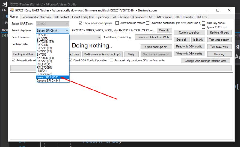 Chip selection menu in BK7231Flasher app with Beken SPI CH341 option highlighted