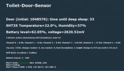 Screenshot showing information about a toilet door sensor, displaying temperature, humidity, and battery status.