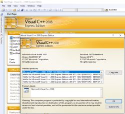 About window of Microsoft Visual C++ 2008 Express Edition showing installed updates.