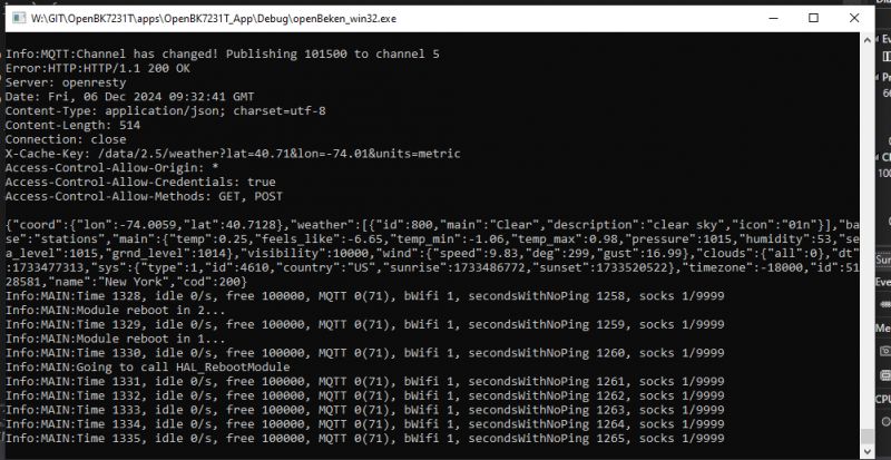 Screenshot of a command console showing weather information and debugging data from the OpenBeken program.