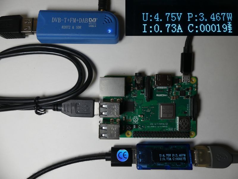 Płytka Raspberry Pi podłączona do miernika USB i odbiornika DVB-T