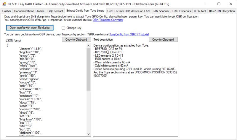 Screenshot of BK7231 Easy UART Flasher showing loaded JSON configuration file