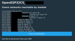 ESP32C5 interface showing detected Wi-Fi networks with channels and signal levels