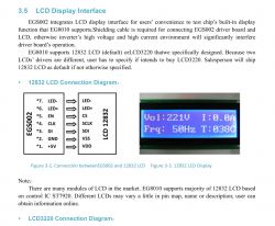 Schemat połączenia EGS002 z wyświetlaczem 12832 LCD oraz zdjęcie działającego wyświetlacza pokazującego napięcie, prąd, częstotliwość i temperaturę.