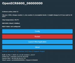Screenshot of the OpenECR6600 interface with technical information and configuration buttons.