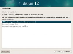 Instalator Debian 12 z wyborem schematu partycjonowania