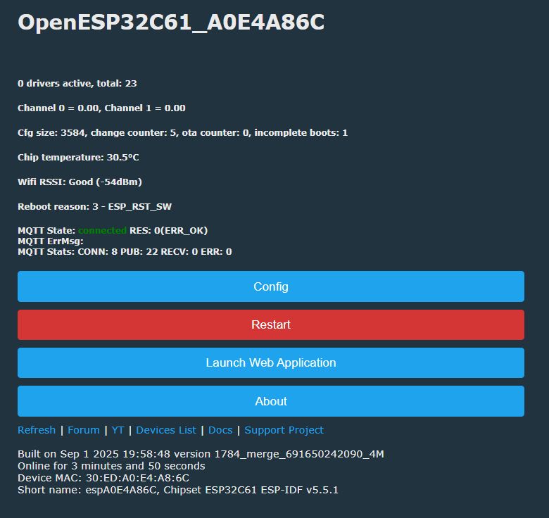 User interface showing ESP32C61 device status with hardware, MQTT information, and configuration options.