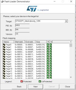 Flash Loader Demonstrator window showing STM32F1 flash memory mapping.