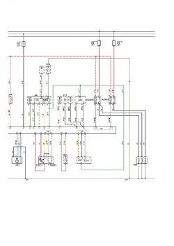Schemat elektryczny z różnymi połączeniami i symbolami w kolorowych liniach.