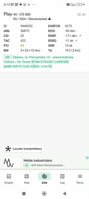 Zrzut ekranu z aplikacji NetMonster pokazujący szczegóły sieci LTE 800 Play