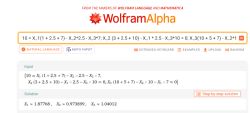 Zrzut ekranu z obliczeń na Wolfram Alpha dotyczących obwodu elektrycznego z różnymi wartościami rezystorów i źródłem napięcia.