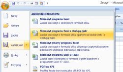 Menu Zapisz jako w Microsoft Excel z opcjami zapisu, w tym Excel z obsługą makr.