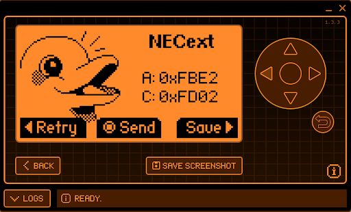 Flipper Zero screen with NECext settings and Pac-Man-like symbol