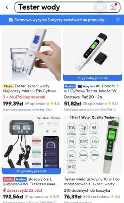 Zrzut ekranu pokazujący oferty testerów jakości wody z cenami i recenzjami.