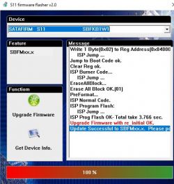 Screen of S11 firmware flasher with firmware update for Kingston SA400 drive.