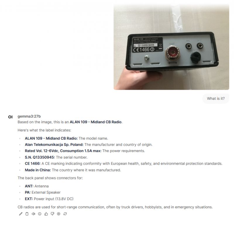 Midland ALAN 109 CB Radio Midland ALAN 109 CB radio held in hand, with visible connectors and label.