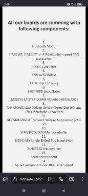 Zrzut ekranu listy komponentów płytek diagnostycznych, w tym modułu Bluetooth, CAN transceivera, filtrów i mikrokontrolera.