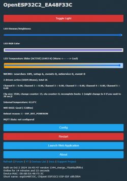 OpenESP32C2 web interface with LED lighting settings