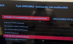 Ekran z ustawieniami trybu Unicable pokazujący listę konwerterów lub multiswitchy do wyboru.