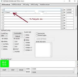 Zrzut ekranu z programu ESP8266 Download Tool, wskazujący, gdzie dodać plik .bin do wgrania.