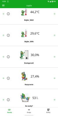Zrzut ekranu aplikacji Supla prezentujący dane z systemu KAM-ELE-ON.