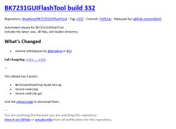Screenshot of a GitHub release page: BK7231GUIFlashTool build 332 with change log and download assets