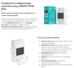 Advertisement for the Sonoff POW Elite smart power meter with feature descriptions and an LCD display.