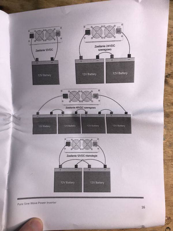 Schemat podłączenia przetwornicy do różnych konfiguracji baterii 12V.