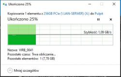 Ekran postępu kopiowania plików z serwera z prędkością 1,09 GB/s.