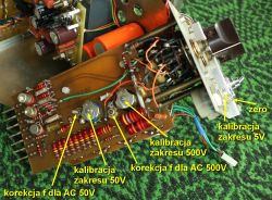 Calibration board of Rochar A.1335 voltmeter with labeled potentiometers and electronic parts