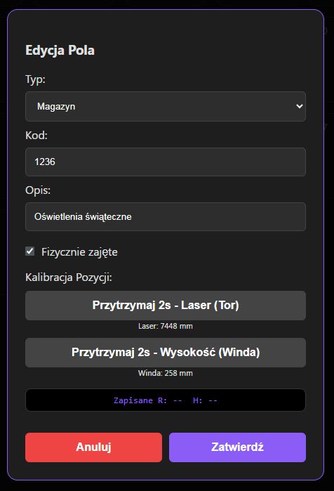 Warehouse field edit panel with data inputs, calibration buttons, and action options