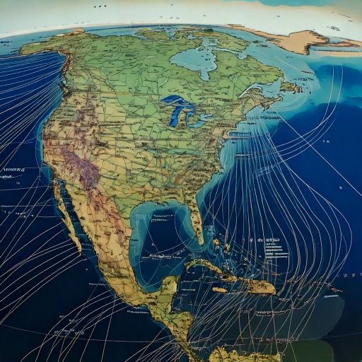 Mapa Ameryki Północnej z nałożonymi liniami wiatru na oceanie.