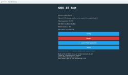 “OBK_BT_test” web status page with device stats and buttons for Config, Restart, and Launch Web Application